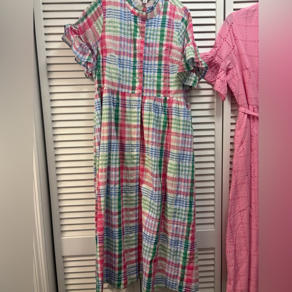 New! Crown & Ivy pink madras plaid spring midi dress sz small